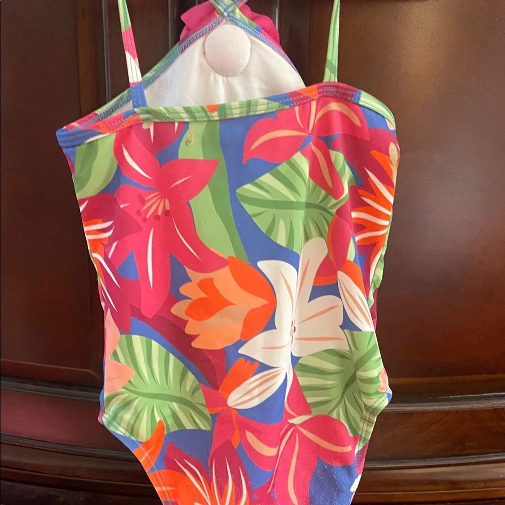 Janie and Jack Bright Floral One-Piece Swimsuit with Pink Rosette